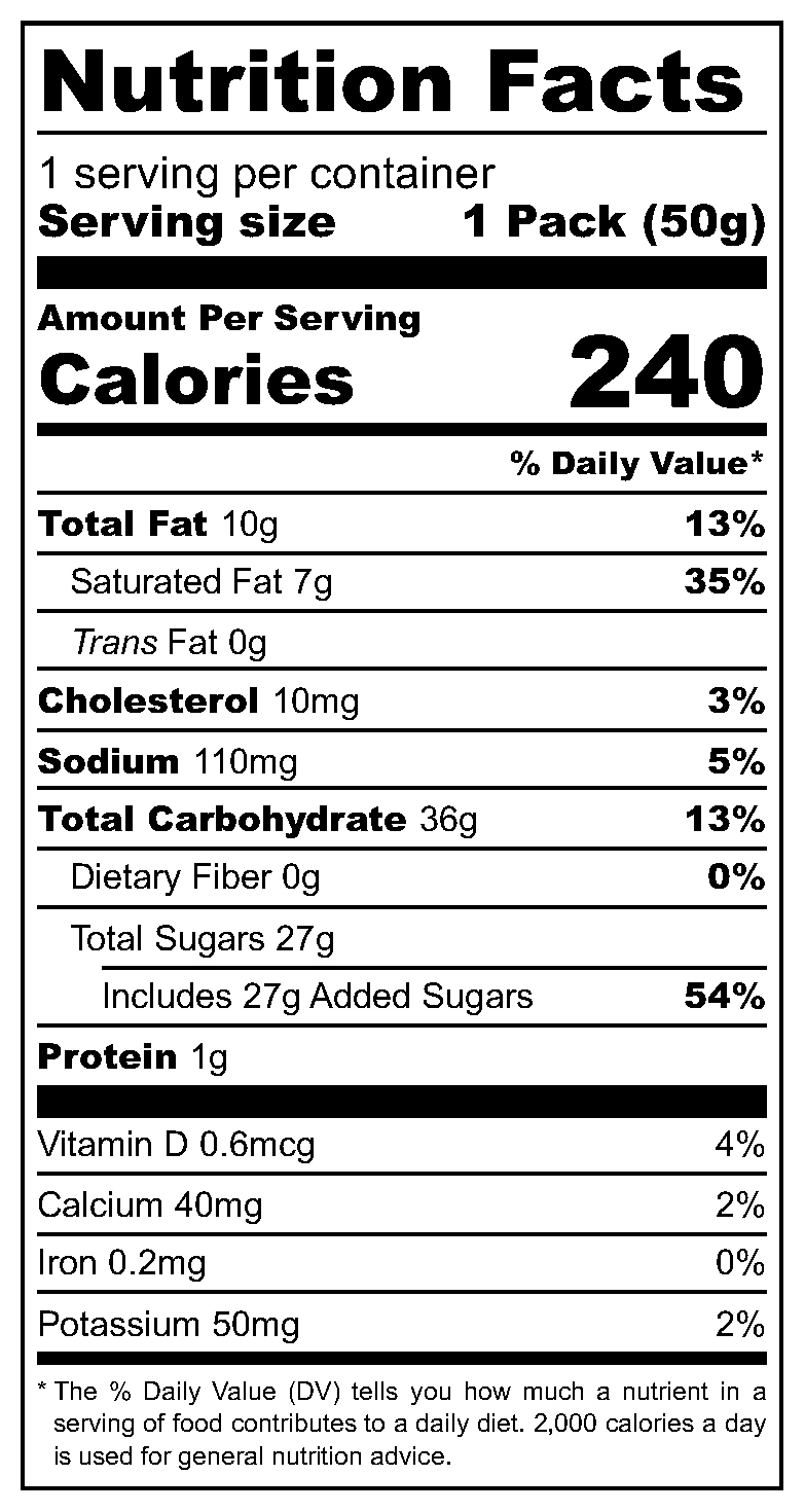 Yummy Banana Toffee nutritional label