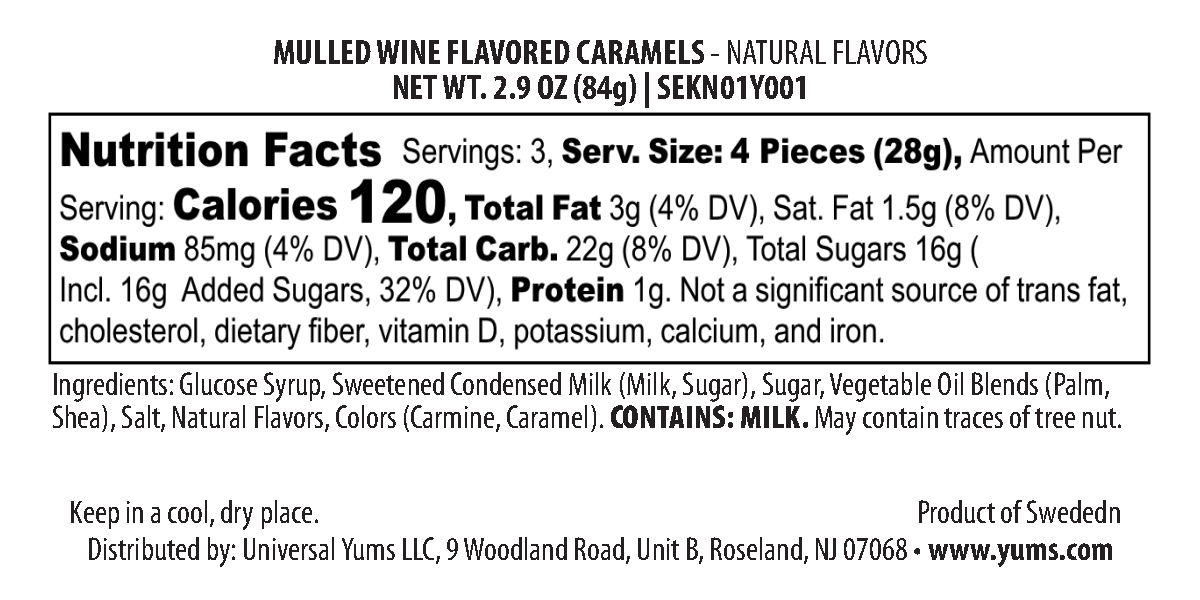 Mulled Wine Toffees nutritional label