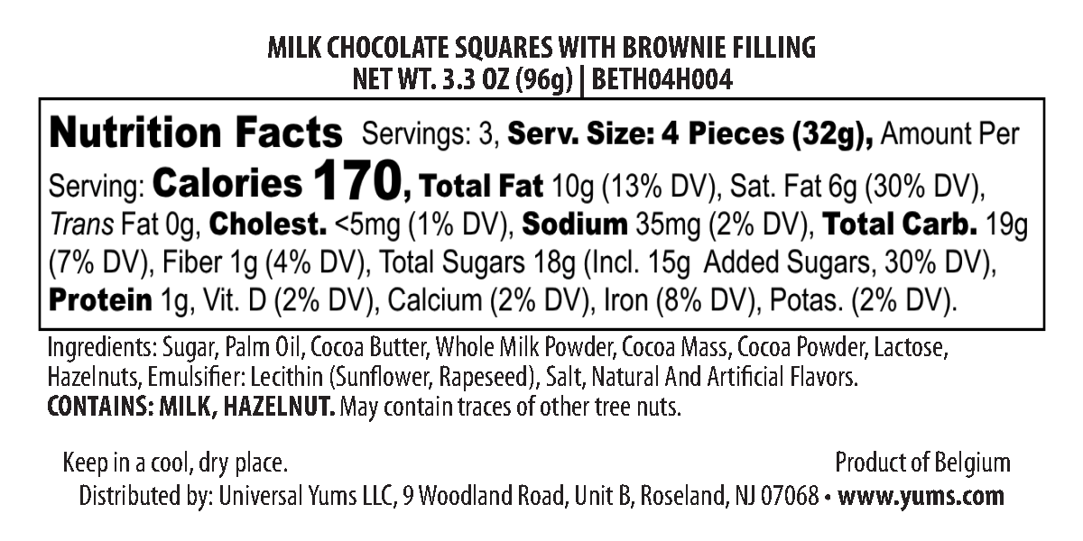 The Belgian Milk Salted Brownie nutritional label