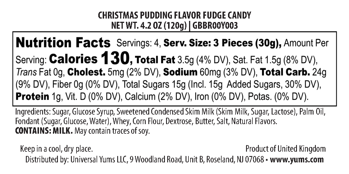Bristows Christmas Pudding Fudge nutritional label