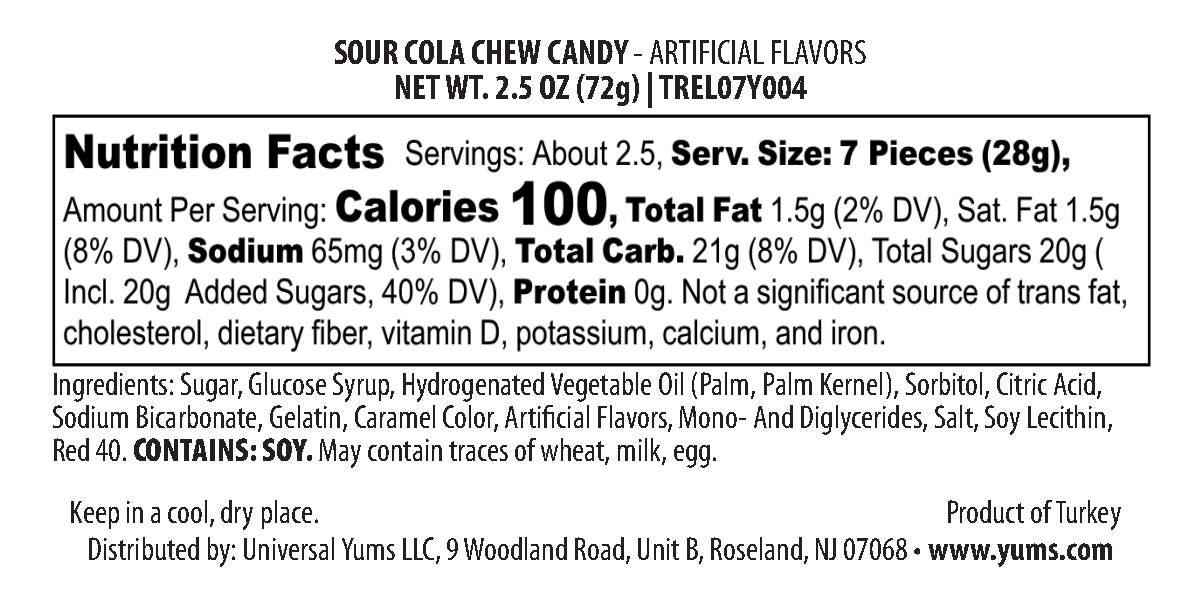 Elvan Toffix Sour - Cola nutritional label