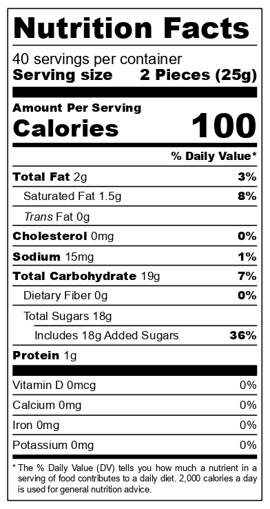 Milk & Honey Caramels nutritional label